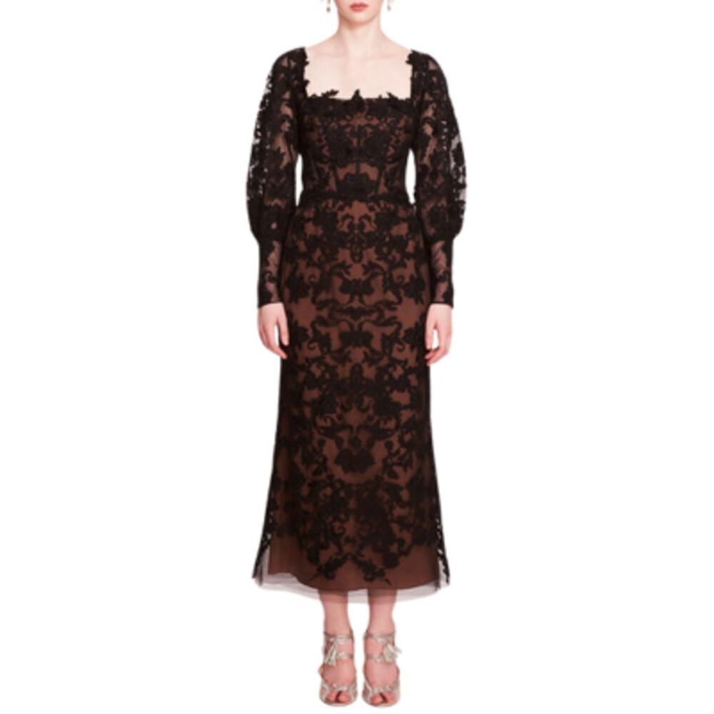 Marchesa Notte Long Sleeve Corded Midi Dress Black Lace Size 8 NEW